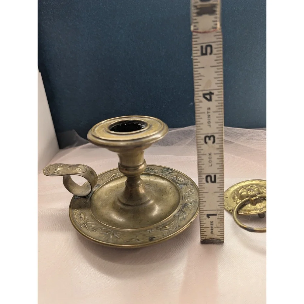 Brass Chamberstick Candle Holder & Pair of Lion Head Ring Pulls Vanity Hardware